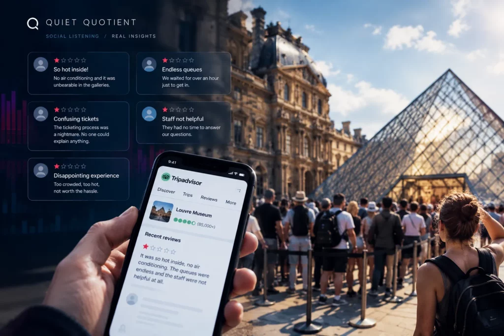 Louvre Museum visitor reviews highlighting overcrowding, excessive heat, long queues, confusing ticketing, and poor staff communication, illustrating Quiet Quotient’s social listening insights.